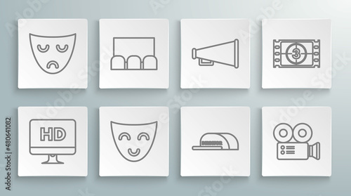 Set line Computer PC monitor with HD video technology, Comedy theatrical mask, Cap inscription director, Cinema camera, Megaphone, Play Video and Drama icon. Vector