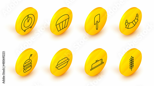 Set line Cereals with rice, wheat, corn, oats, rye, Strawberry cheesecake slice, Macaron cookie, Burger, Croissant, Spatula, Muffin and Kitchen timer icon. Vector