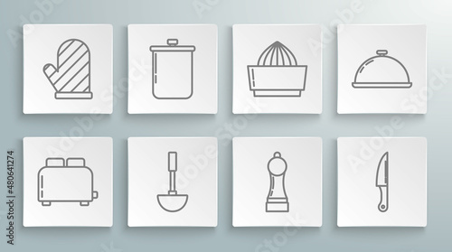 Set line Toaster with toasts, Cooking pot, Kitchen ladle, Pepper, Knife, Citrus fruit juicer, Covered tray of food and Oven glove icon. Vector
