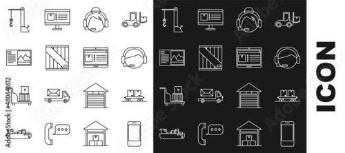 Set line Mobile phone with app delivery tracking, Railway carriage, Support operator touch, Wooden box, Postcard, Harbor crane and Laptop icon. Vector
