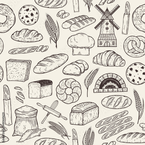 Hand-drawn bread and bakery seamless pattern, baked goods icons
