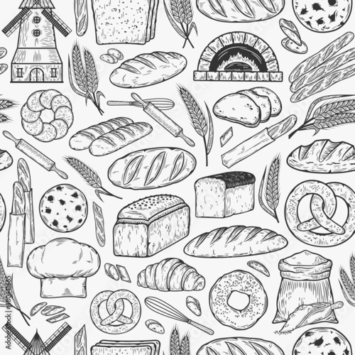 Vector bakery seamless pattern, baked goods icons