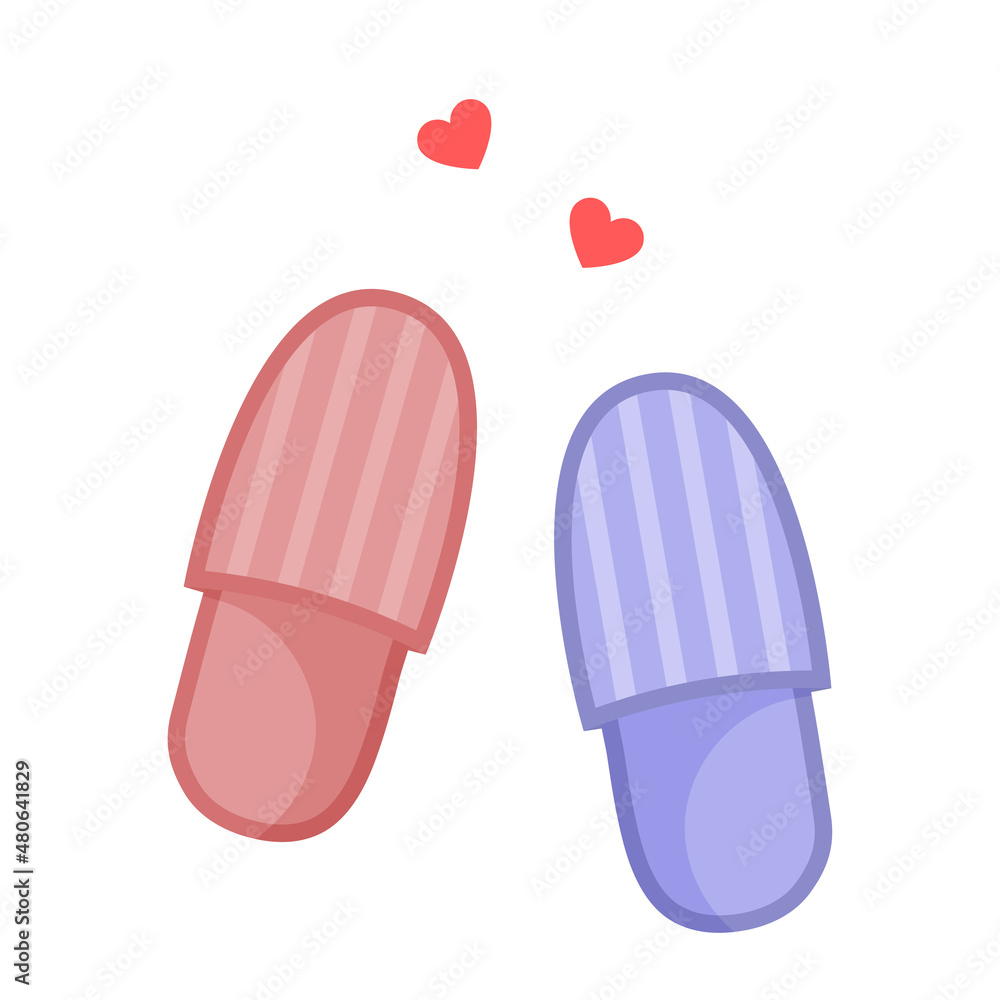 Cute home women's and men's slippers in love. Together forever. Happy Valentine's Day concept. Vector illustration in flat cartoon style. Cute home women's and men's slippers in love. Together forever. Happy Valentine's Day concept. Vector illustration in flat cartoon style.