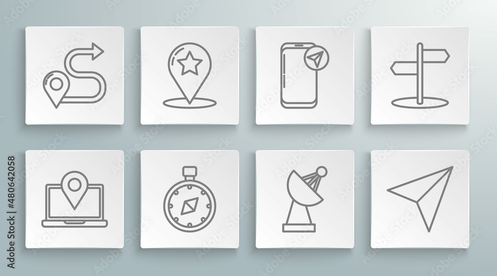 Set line Laptop with location marker, Map pointer star, Compass, Radar, Paper airplane, Infographic of city map navigation, Road traffic sign and Route icon. Vector Set line Laptop with location marker, Map pointer star, Compass, Radar, Paper airplane, Infographic of city map navigation, Road traffic sign and Route icon. Vector