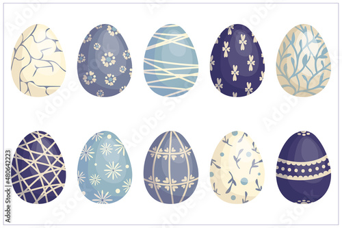 Set of Easter painted eggs in warm lilac shades. Cartoon vector graphics.
