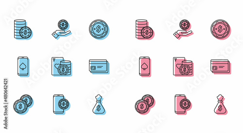 Set line Casino chip with dollar, Online poker table game, Money bag, and playing cards, Credit, and Hand holding casino chips icon. Vector