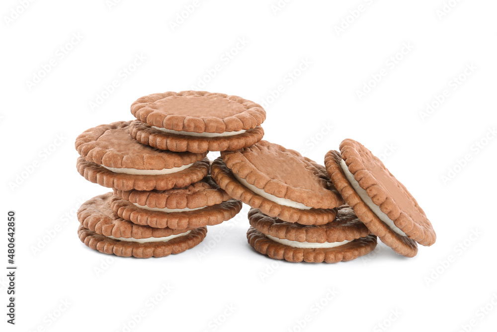 Tasty chocolate sandwich cookies with cream on white background Tasty chocolate sandwich cookies with cream on white background
