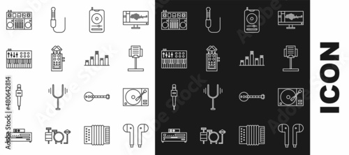 Set line Air headphones, Vinyl player with vinyl disk, Music stand, Microphone, synthesizer, DJ remote for playing mixing music and equalizer icon. Vector