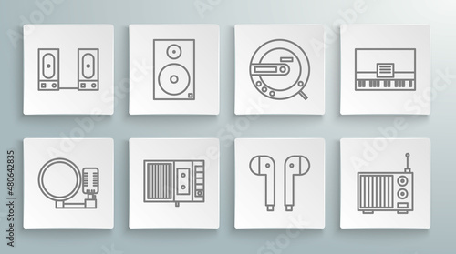 Set line Microphone, Stereo speaker, Music tape player, Air headphones, Radio with antenna, CD, Piano and icon. Vector