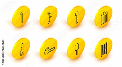 Set line Wooden staircase, Garden trowel spade or shovel, Chainsaw, Trash can, Shovel, Grass and weed electric string trimmer and Hammer icon. Vector