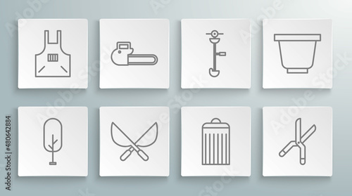 Set line Tree, Chainsaw, Gardening handmade scissors, Trash can, Grass weed electric string trimmer, Flower pot and Kitchen apron icon. Vector