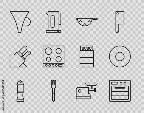 Set line Pepper, Oven, Kitchen colander, Fork, Funnel filter, Gas stove, meat grinder and Plate icon. Vector