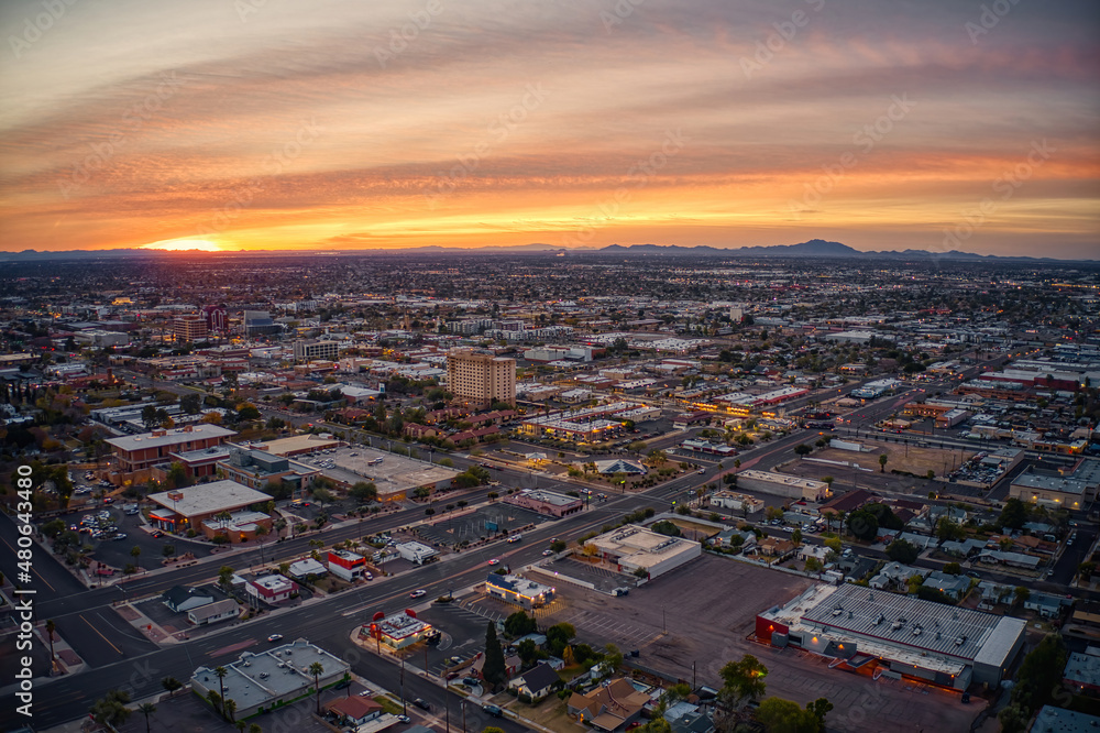 Aerial View of Sunrise over the Phoenix Suburb of Mesa, Arizona