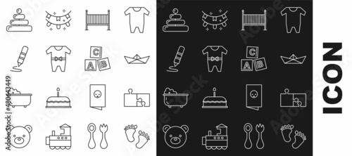 Set line Baby footprints, Piece of puzzle, Folded paper boat, crib cradle bed, clothes, Wax crayon for drawing, Pyramid toy and ABC blocks icon. Vector