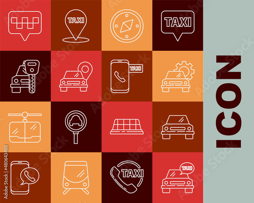 Set line Taxi car, Car, service, Compass, Map pointer with taxi, rental, and call telephone icon. Vector
