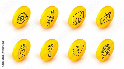 Set line Heart in the center of darts target aim, Broken heart or divorce, Key shape, Shopping bag with, Envelope, Computer monitor, Male gender symbol and Romantic music icon. Vector
