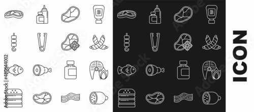 Set line Salami sausage, Grilled fish steak and fire flame, Crossed, Steak meat, Meat tongs, shish kebab skewer stick, and Fresh frozen icon. Vector