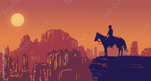 Silhouette of lonesome cowboy riding horse at sunset, Vector Illustration