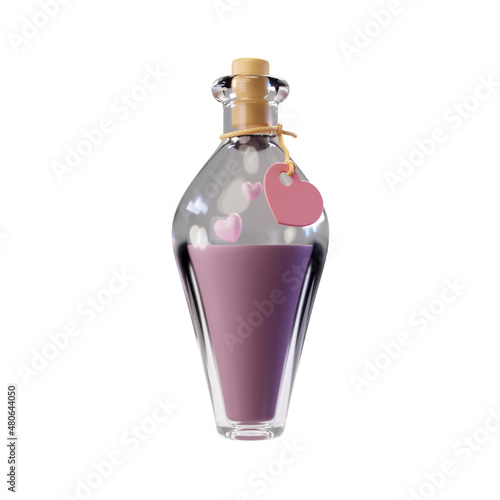 3d render illustration of love potion in glass with cork and heart-shaped tag (ID: 480644050)