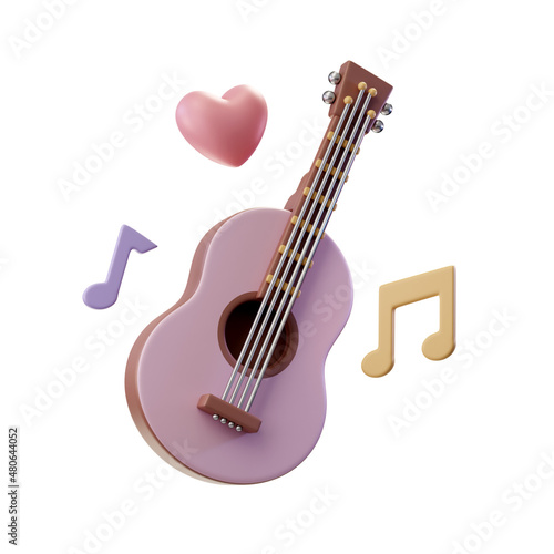 3d render illustration of wooden analog guitar with music notes and heart around it (ID: 480644052)