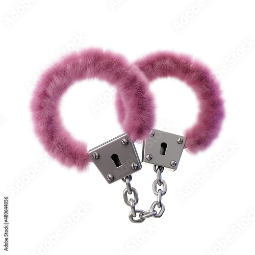 3d render illustration of metallic handcuffs and pink plush material (ID: 480644056)