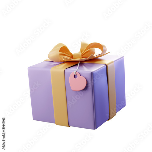 3d render illustration of gift wrapped in purple paper with yellow bow and ribbon and heart shaped tag (ID: 480644063)