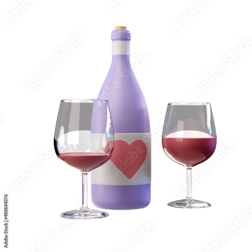 3d render illustration of bottle of red wine with a heart on the label and two half-full crystal glasses (ID: 480644076)