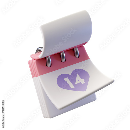 3d render illustration of february 14th heart shaped calendar with metal rings
 (ID: 480644083)