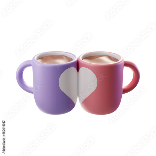 3d render illustration of a couple of mugs of different color with drink of brown color and design sharing heart (ID: 480644087)