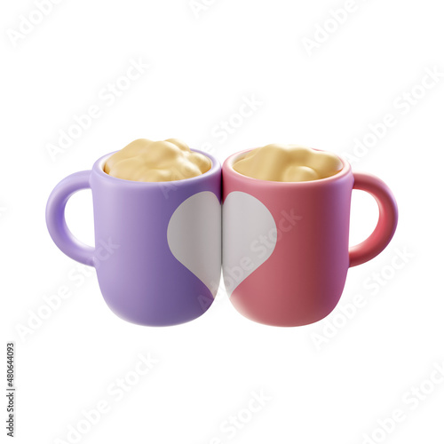 3d render illustration of a couple of mugs of different color with foam and design sharing a heart (ID: 480644093)