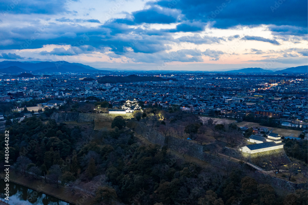 Hikone Castle Aerial view at Night, Shiga Prefecture Japan