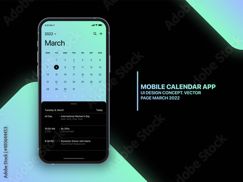 Mobile Calendar App Concept March 2022 Page with To Do List and Tasks UI UX Design Vector on Realistic Phone Screen Mockup Isolated on Background. Smartphone Business Planner Application Template