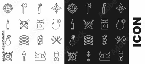 Set line Aviation bomb, Crossed medieval axes, Hand grenade, Dynamite stick clock, sword, Bullet, Target sport and Handle detonator for dynamite icon. Vector