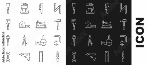 Set line Chisel tool for wood, Clamp and screw, Claw hammer, Calliper caliper scale, Roulette construction, Putty knife, and Construction stapler icon. Vector