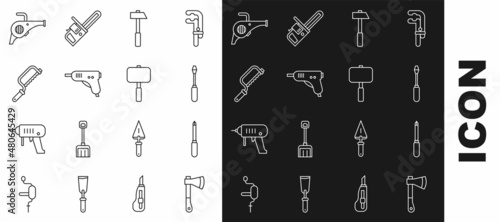 Set line Wooden axe, Screwdriver, Hammer, Electric hot glue gun, Hacksaw, Leaf garden blower and Sledgehammer icon. Vector