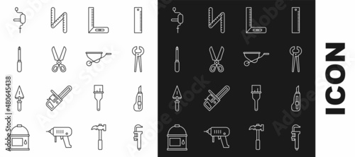 Set line Calliper or caliper and scale, Stationery knife, Pincers pliers, Corner ruler, Scissors, Screwdriver, Hand drill and Wheelbarrow icon. Vector