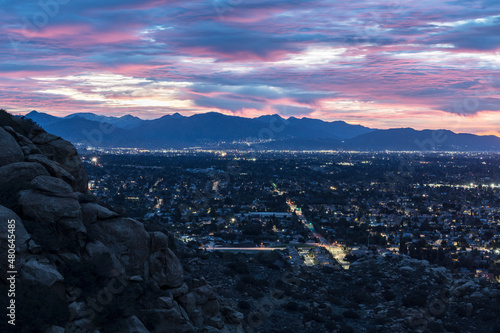 Colorful dawn view of the San Fernando Valley and the San Gabriel Mountains in Los Angeles, California.  Photo taken at Santa Susana Pass State Historic Park.   photo