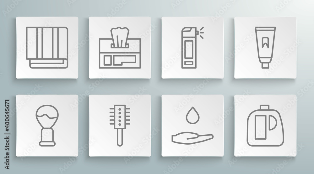 Set line Shaving brush, Wet wipe pack, Hairbrush, Washing hands with soap, Bottles for cleaning agent, nozzle spray, Tube of toothpaste and Towel stack icon. Vector Set line Shaving brush, Wet wipe pack, Hairbrush, Washing hands with soap, Bottles for cleaning agent, nozzle spray, Tube of toothpaste and Towel stack icon. Vector