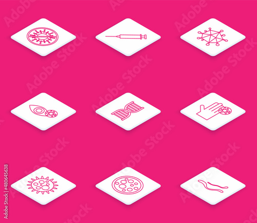 Set line Stop virus, Syringe, Virus, Reddish eye due, DNA symbol, Hand with, and icon. Vector