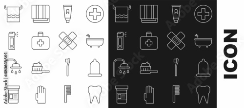 Set line Tooth, Condom, Bathtub, Tube of toothpaste, First aid kit, Bottle with nozzle spray, Towel hanger and Crossed bandage plaster icon. Vector