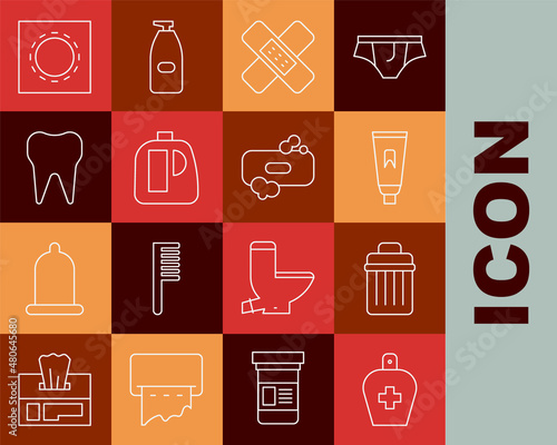 Set line Bottle of liquid antibacterial soap, Trash can, Tube toothpaste, Crossed bandage plaster, Bottles for cleaning agent, Tooth, Condom package safe sex and Bar icon. Vector