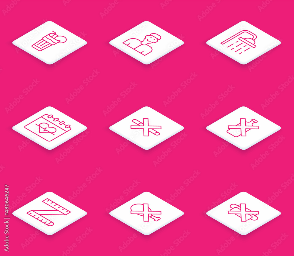 Set line Fresh smoothie, Positive thinking, Shower head, Heart rate, No Smoking, alcohol, Tape measure and meat icon. Vector Set line Fresh smoothie, Positive thinking, Shower head, Heart rate, No Smoking, alcohol, Tape measure and meat icon. Vector