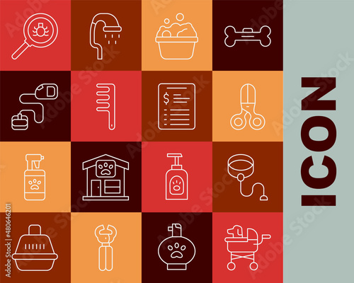 Set line Pet stroller, Retractable cord leash, Scissors hairdresser, Pets bath, Hair brush for dog and cat, Flea search and Grooming salon price list icon. Vector