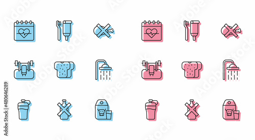 Set line Fitness shaker, No alcohol, Heart rate, Paper package for milk, Bread toast, Shower head, Bench with barbel and Toothbrush and toothpaste icon. Vector