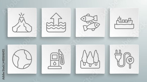 Set line Earth globe, Rise in water level, Petrol or gas station, Forest, Electric saving plug leaf, Dead fish, Oil tanker ship and Volcano eruption with lava icon. Vector