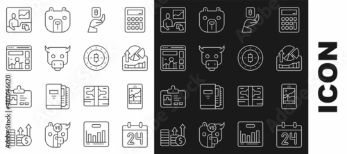 Set line Calendar, Mobile stock trading, Stocks market growth graphs, Hand holding Bitcoin, Bull, Website with, Trading courses and icon. Vector