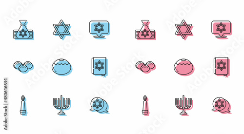 Set line Burning candle, Hanukkah menorah, Jewish money bag, Star of David, sweet bakery, torah book, and icon. Vector