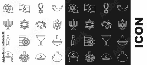 Set line Pomegranate  Hanukkah dreidel  Shield with Star of David  necklace on chain  menorah  and Olives branch icon. Vector