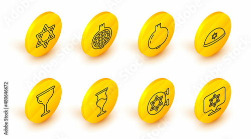 Set line Star of David, Jewish synagogue, goblet, kippah, Pomegranate, and icon. Vector