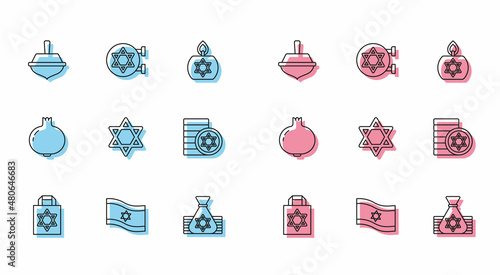 Set line Shopping bag with star of david, Flag Israel, Hanukkah dreidel, Jewish money, Star David, coin, Pomegranate and synagogue icon. Vector